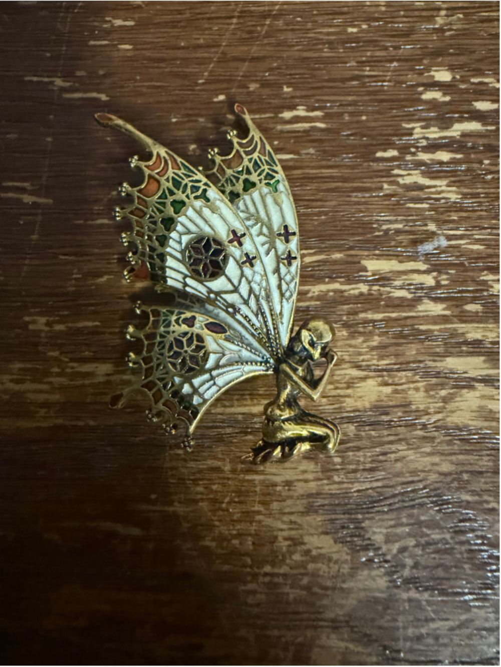 Vintage Fairy Pixie Brooch Gold Tone Enamel Winged Figural Pin 2.25” Fantasy